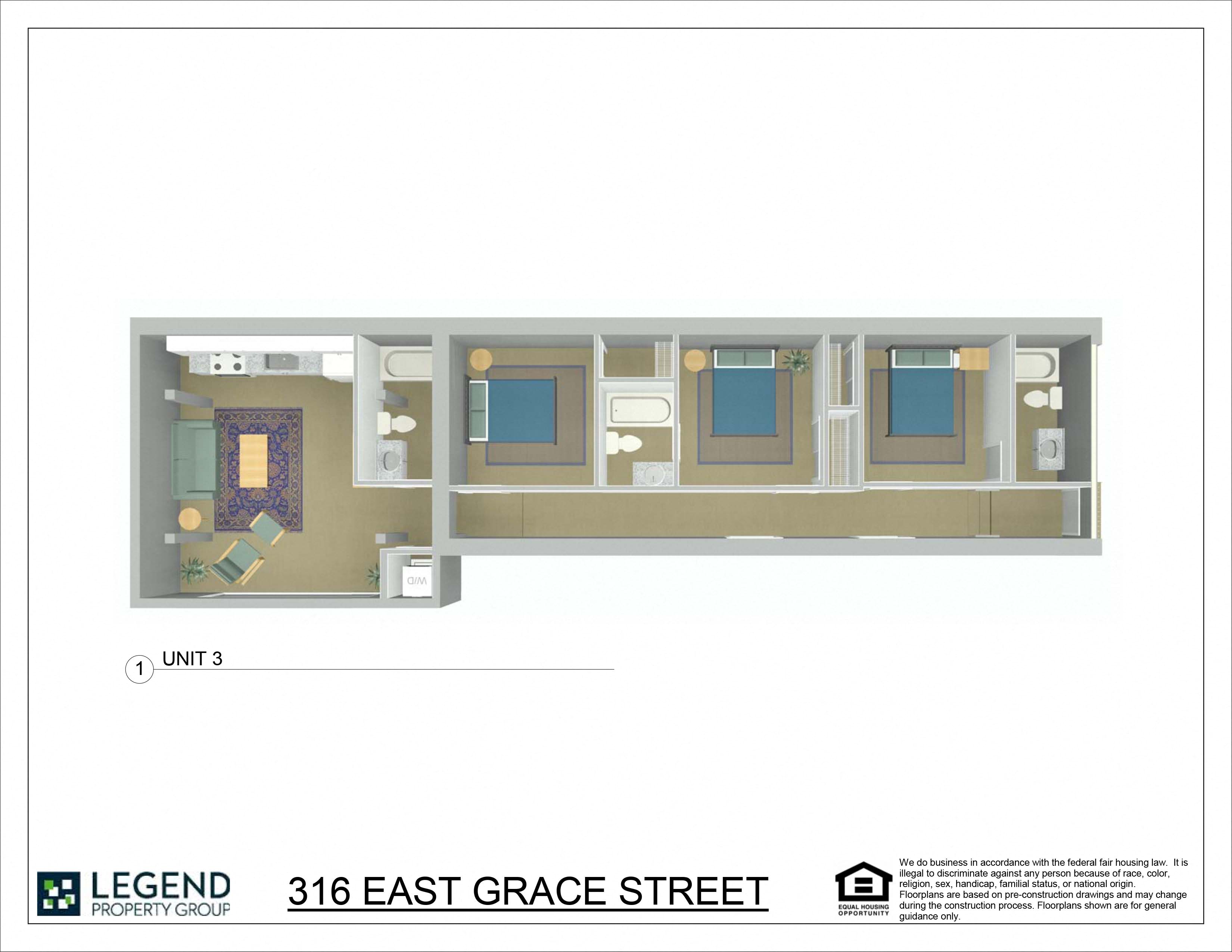 Floor plan for 3 beds, 3 baths, 1146 sqft